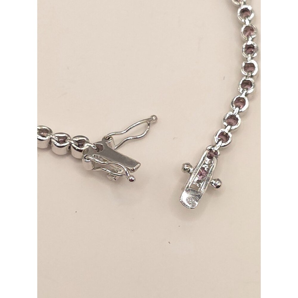 Silver Tone Tennis Bracelet With Pink CZ Stones & Secure Clasp - Picture 5 of 11